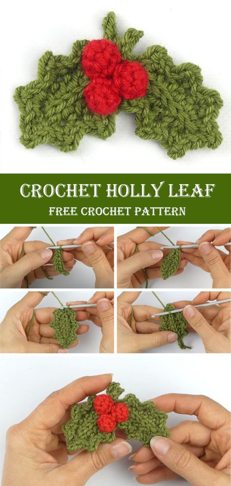 How To Crochet Holly Leaf With Berries Crochet Holly Applique, Crocheted Xmas Decorations, How To Crochet Holly Leaves, Crochet Holly Garland Free Pattern, Crochet Holly And Berries, Crochet Holly Berries, Crochet Holly Berry Free Pattern, Crochet Christmas Holly Free Pattern, Crochet Xmas Garland Free Pattern