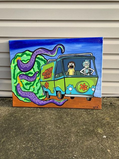 Mystery Machine Painting, Morty Canvas Painting, Unique Painting Ideas On Canvas, Canvas Painting Ideas Rick And Morty, Scooby Doo High Painting, Easy Trippy Rick And Morty Painting Ideas, Big Canvas Painting Ideas, Cartoon Paintings, Christian Canvas Art