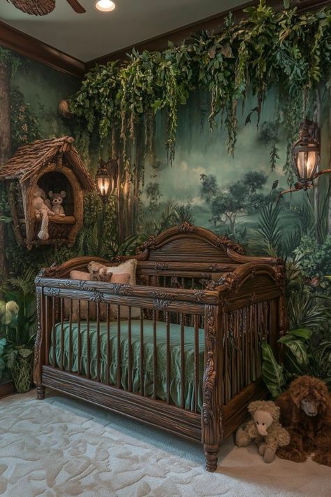 Rain Forest Nursery, Magical Forest Nursery Theme, Girly Jungle Theme Nursery, Jungle Room Theme, Rainforest Themed Nursery, Indiana Jones Nursery, Whimsical Nature Themed Nursery, Hobbit Nursery Lord Of The Rings, Accent Walls For Nursery