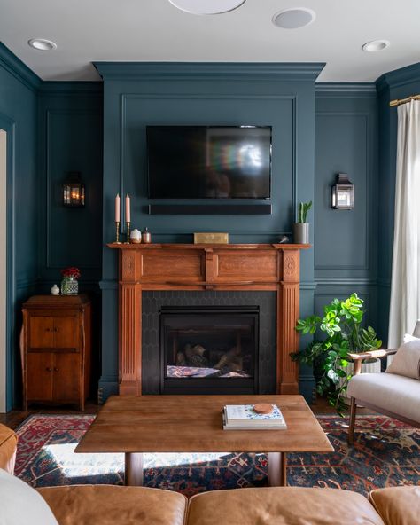 Victorian Living Room — Renovation Husbands Renovation Husbands, Blue Green Kitchen, Dark Wood Trim, Cowboy Room, Dark Dining Room, White Drapery, Craftsman Interior, Victorian Living Room, Living Room Renovation