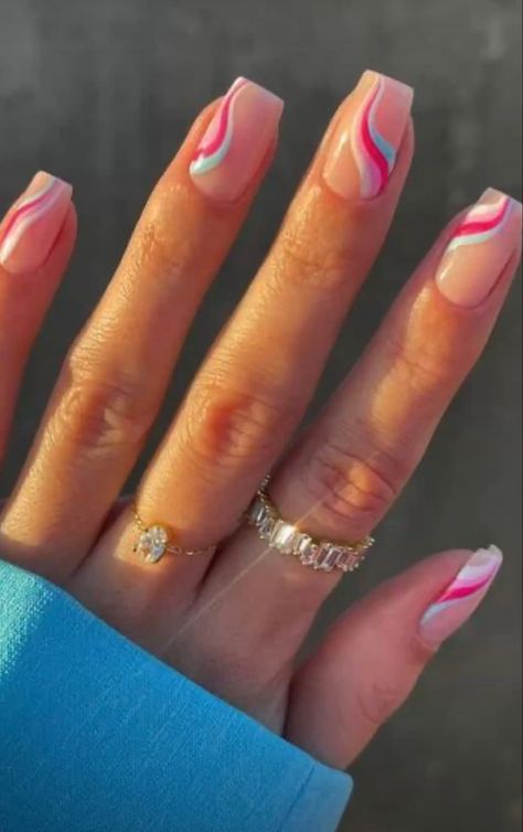 Acrylic Nails Short, Nails With Pink, Fake Acrylic Nails, Best Press On Nails, Best Press, Short Square Nails, Pink Swirls, Pink Acrylic Nails, Soft Gel