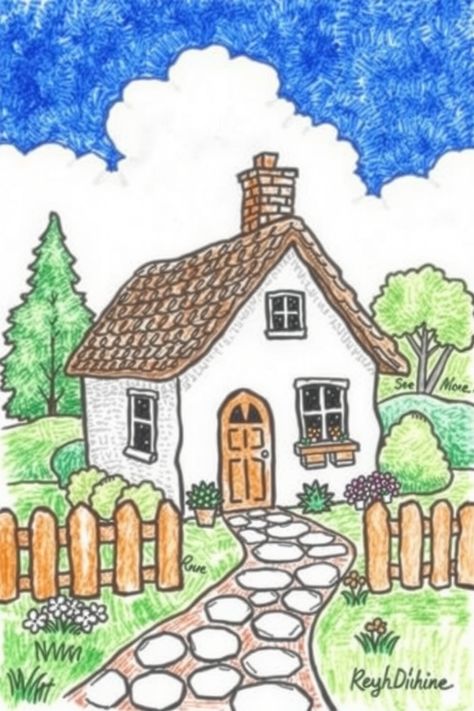 Check Out This Cute Cottage Drawing & 12+ Other House Drawing Ideas! #drawinginspiration #drawing Cottage Homes Drawing, How To Draw A Simple House, Cottage Drawing Easy, Cute Home Drawing, Cottage Drawing Simple, Isometric Drawing Examples, Cute Cottage Drawing, How To Draw A House, House Drawing Sketches