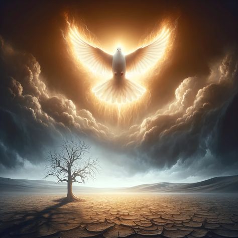 A symbolic image depicting the Holy Spirit as a radiant dove in the sky above a barren landscape. The dove, representing the Holy Spirit, is glowing with soft, warm light amidst dark, ominous clouds. Below, a lone, withered tree stands in a desolate field, symbolizing the lack of the Fruit of the Spirit. This contrast between the luminous dove and the stark landscape emphasizes the absence of... Dove In The Sky, Praying In Church, Holy Spirit Images, Holy Spirit Art, Withered Tree, Barren Landscape, Acts 1 8, Dove Images, Holy Spirit Dove