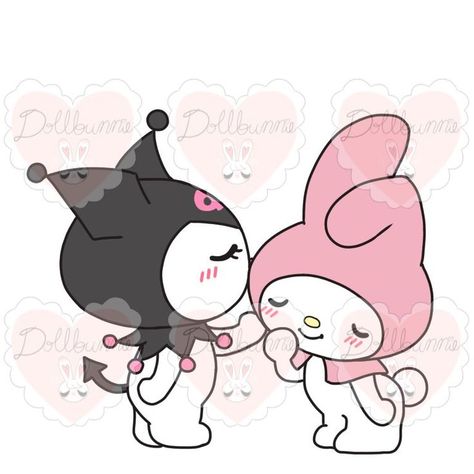 Hello Kitty With Kuromi, My Melody Y Kuromi Icons, Kuromi And My Melody Painting, Kurumi And My Melody, Kurumi Y Melody, Hello Kitty Kuromi And Melody, Hello Kitty Y Melody, My Melo And Kuromi, Sanrio Kuromi And My Melody