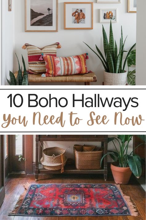 Ready to give your entryway a makeover? These boho hallway entrance ideas include colorful runner rugs, eclectic wall decor, and layered lighting to set the perfect tone. Perfect for anyone wanting to create a welcoming and stylish space. Boho Farmhouse Hallway, Transitional Hallway Decor, Decorating A Small Hallway, Boho Staircase Decor, Entryway Ideas Eclectic, Boho Entryway Ideas With Bench, Enterway Decor Entryway, Front Entry Wall Ideas, Bohemian Entryway Ideas