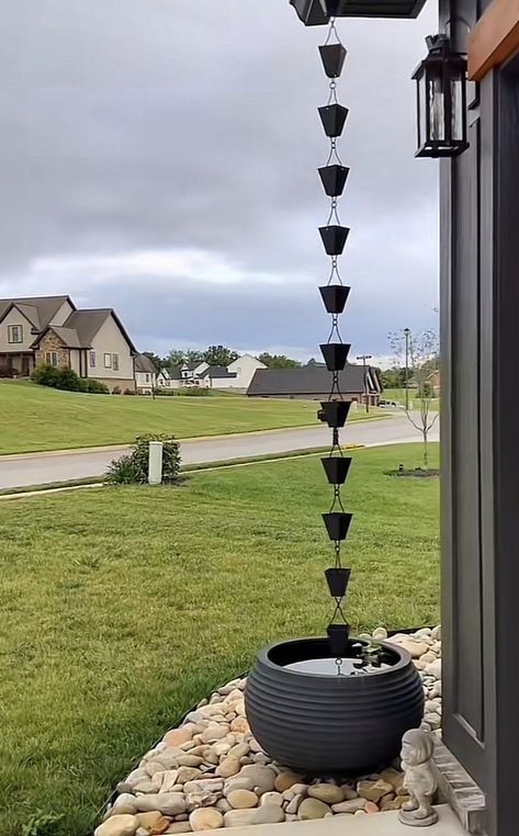 Gutter Rock Drainage, Rain Spout Downspout Ideas, Water Chain Gutter, Rain Downspout Ideas, Rain Chain Drainage Ideas, Ceramic Rain Chain, Rain Chains Gutter Downspout Ideas, Rain Chain Basin Ideas, Rainchain Ideas