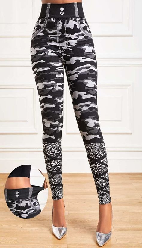 UP TO $50 OFF Over $200 CODE: CY118 | End Date: 06/Dec/2022 Elastic Waist Leggings, Black Leggings Outfit, Ankle Length Leggings, Fashion Bottoms, Nice Clothes, Fashion Jeans, Over 50 Womens Fashion, Trendy Fashion Outfits, Camouflage Print