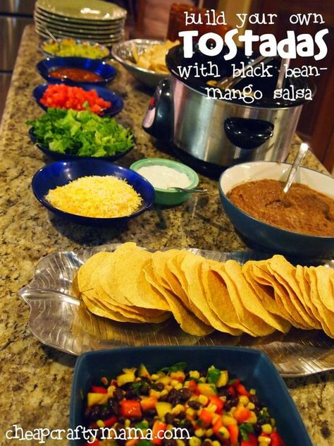 Tostada Bar Tostada Bar, Bunco Food, Tortilla Shells, Food Bars, Crowd Pleasing Recipes, Table 19, Food Bar, Taco Bar, Mango Salad