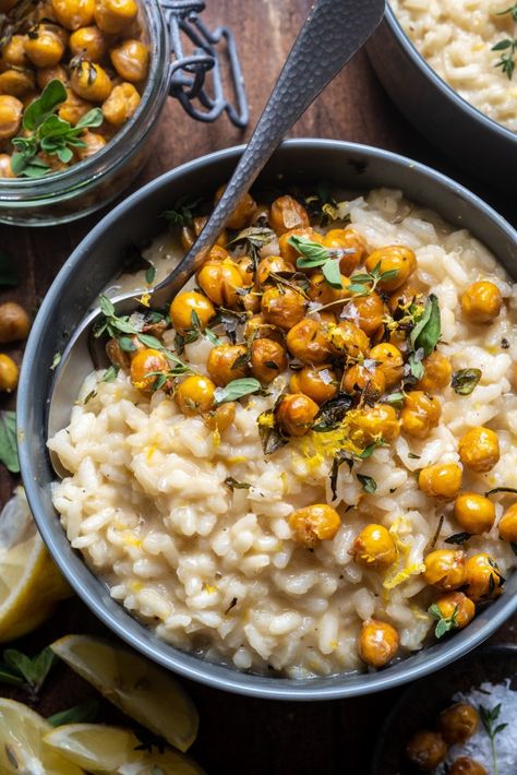 Lemon Risotto with Herb Roasted Chickpeas - Wandering Chickpea Lemon Risotto With Herb Roasted Chickpeas, Flavorful Vegetarian Recipes, Chickpea Risotto, Risotto Ideas, Fall Risotto, Risotto Recipes Vegetarian, Lemon Risotto Recipes, Lemon Chickpea, Roasted Chickpeas Recipe