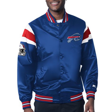 PRICES MAY VARY. Machine wash, tumble dry low Locker loop Brand: Starter Rib-knit collar, cuffs and bottom hem Add a new centerpiece to your wardrobe of team gear with this Satin Full-Snap Varsity Jacket from Starter. It features an embroidered team graphic and bold team colors for an eye-catching look. Plus, this jacket includes multiple pockets to store your small essentials, making it the perfect choice to wear on the next chilly team game day. Buffalo Bills Game Day, Highmark Stadium, Buffalo Bills Game, Buffalo Bills Gear, Varsity Jacket Men, Team Games, Team Gear, Nfl Gear, Uniform Design