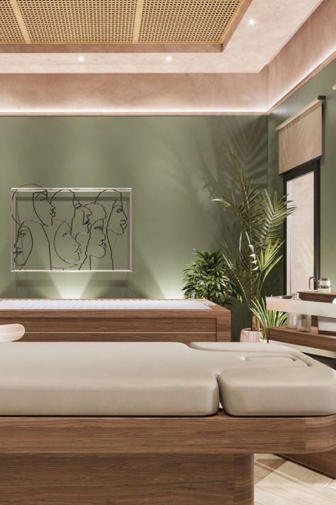 Luxury Medical Clinic, Green Spa Decor, Beauty Salon Green, Modern Bedroom Interior Luxury, Green Beauty Salon, Luxury Clinic, Massage Room Design, Small Room Interior, Home Spa Room