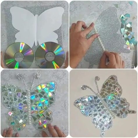 Butterfly Wall Art Diy, Cd Crafts Diy, Old Cd Crafts, Art Cd, Cd Idea, Decorative Butterfly, Cd Diy, Diy Wings, Mosaic Flower Pots