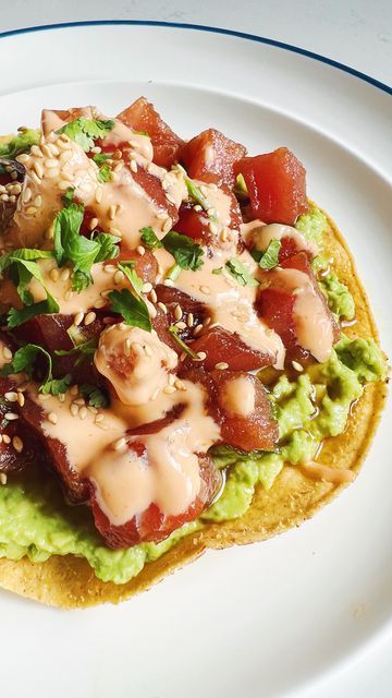 MacKenzie Smith on Instagram: "✨10 minute Teriyaki Tuna Tostadas✨ my new fav recipe for a quick and easy lunch or dinner! This dish was inspired by a tuna tostada stack that my hubs and i ordered from @lafiestamexcocina. We have been on such a tuna kick since my crispy rice spicy tuna went viral and this recipe is 🔥🔥🔥 Be sure to save this post bc you need this recipe!! INGREDIENTS ✨12 oz raw ahi tuna steaks (@aldiusa sells them for $6 in the freezer section and they’re so good!) ✨ 1/4 cup @tr Tuna Teriyaki Recipe, Chunk Tuna Recipes, Tuna Salad Tostadas, Ahi Tuna Tostada, Tostada Stack, Tuna Mexican Style, Crispy Rice Spicy Tuna, Ahi Tuna Nachos, Tuna Tostadas