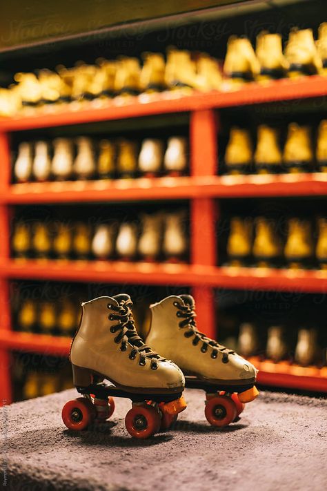 Stock Photo of Vintage Roller Skates at Roller Rink Vintage Roller Skates Photography, Vintage Roller Skating, Vintage Roller Skate, 80s Roller Skates, Roller Skate Rink, Vintage Roller Skates, Skating Rink Photoshoot, Roller Skating Rink Aesthetic, Roller Rink Aesthetic