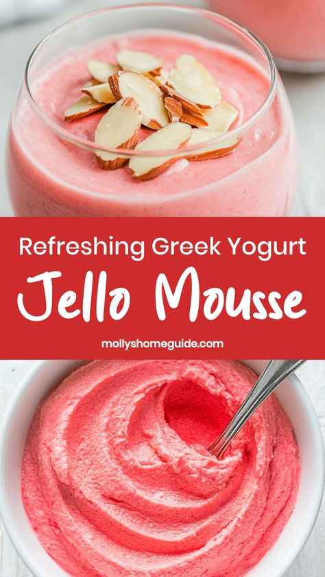 Indulge in a creamy and delicious dessert with this easy-to-make Greek yogurt jello mousse recipe. The tangy flavor of Greek yogurt perfectly complements the sweetness of the jello, creating a light and refreshing treat. Whether you're looking for a guilt-free snack or a simple dessert to impress guests, this mousse is sure to become a favorite. With just a few ingredients and minimal prep time, you can whip up this delightful treat in no time. Jello Greek Yogurt Recipes, High Protein Jello Mousse, Jello Yogurt Recipes, Greek Yogurt Pudding Recipes, Plain Greek Yogurt Recipes Healthy, Jello With Yogurt, Healthy Jello Recipes, Greek Yogurt Snack Ideas, High Protein Greek Yogurt Recipes