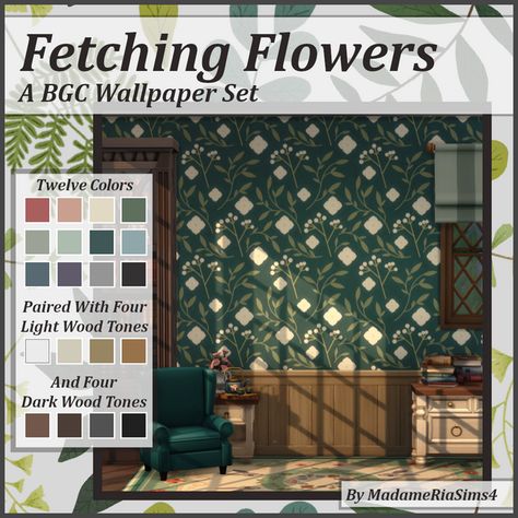 Fetching Flowers Wallpaper | MadameRia on Patreon Sims 4 Cc Summer Furniture, Maxis Match Wallpaper, Sims 4 Soft Cc, Sims 4 Vintage House, Sims 4 Wallpaper Cc Maxis Match, Sims 4 Cc Flowers, Cc Wallpaper, Sims 4 Cottage, Sims 4 House