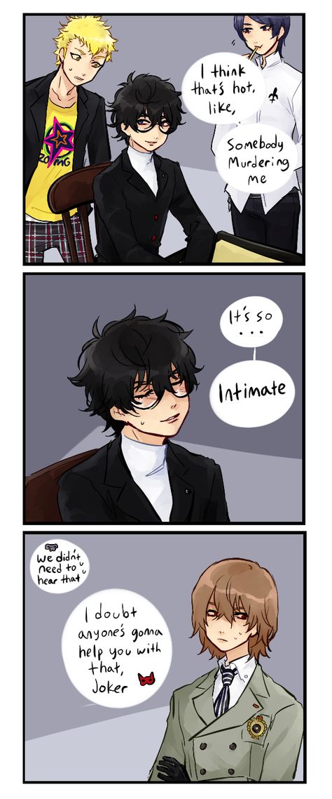 (spoiler alert!!!) Hmmmm so maybe that's why his rank with Akechi went up when he was about to kill him haha Is there something we don't know about you, Joker? Goro Akechi X Ren Amamiya, Royal Trio Persona, Persona 5 Comics, Shuake Persona5, Akechi X Ren, Shuake Fanart, Akira Ryuji, Ren X Akechi, Persona 5 Fanart