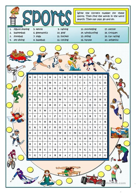 Sports Word Search, Printable Sports, Sports Classroom, English Exercises, English Activities, Esl Worksheets, English Class, Summer Sports, Crossword Puzzle