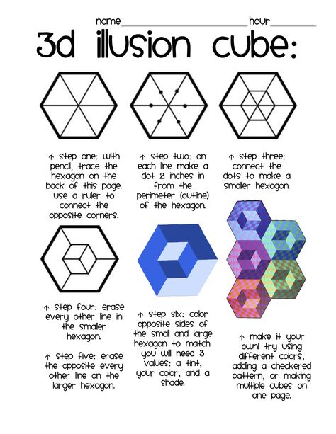 Op Art: 3D Illusion Cube My Notes: Use this pattern then add zentangle patterns in a way that keeps the dimensional effect Doodle Guide, Tab Ideas, Impossible Figures, Op Art Lessons, Opt Art, Art Handouts, Zentangle Ideas, Calendar Art, Art Composition