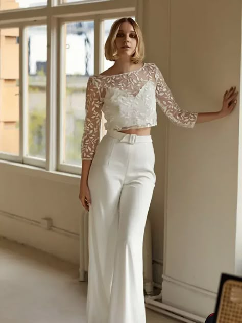 trouser bridal separates sequin long sleeve bridal top and white trousers.  Top tips for planning your summer wedding, summer wedding ideas. Bridal Topper, Bridal Crop Top, Winter Wedding Fashion, Winter Wedding Dresses, Summer Wedding Dresses, Wedding Dress Outfit, Lace Bolero, Bridal Tops, Bridal Jumpsuit