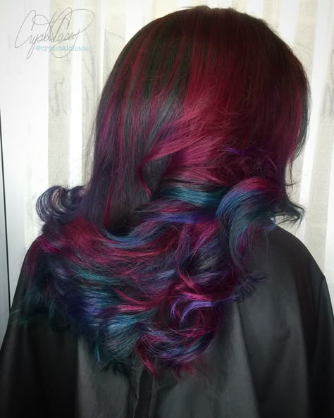 Jewel Tone Hair Instagram @CryistalChaos #virginiabeach #curls #ombre #magentahair #balayage @hairtips Red And Purple Hair Black Women, Gem Tone Hair, Jewel Toned Hair, Jewel Tone Hair Color, Jewel Tone Hair, Jewel Tone Rainbow Hair, Blue And Purple Mixed Hair, Styled Locs, Purple Red Orange Ombre Hair