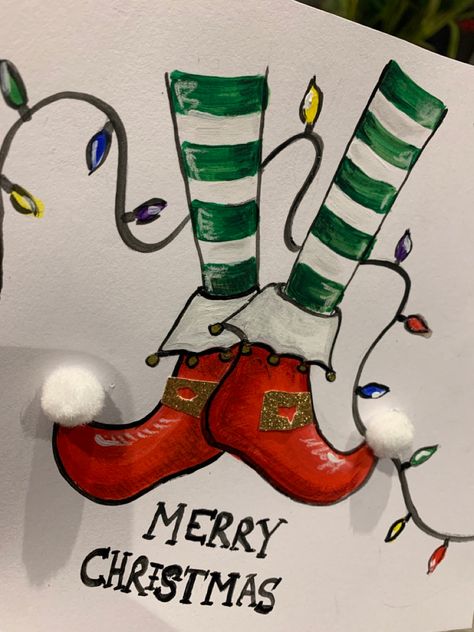 Elf Christmas Cards Handmade, Watercolor Stocking, Christmas Tangles, Watercolor Christmas Art, Xmas Cards Design, Elf Christmas Card, Watercolor Christmas Cards Diy, Christmas Borders, Christmas Cards Drawing