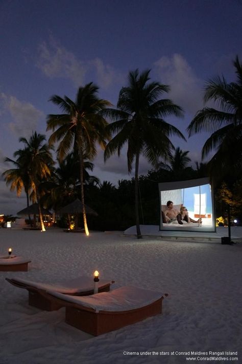 Conrad Maldives, Paradise Places, Beach House Aesthetic, Open Air Cinema, Outdoor Cinema, Tropical Resort, Modern Beach House, Movie Screen, Beach House Design