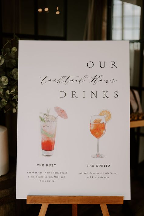 Modern wedding signage complete with watercolour illustration of cocktails Wedding Ideas Cocktail Hour, Cocktail Hour Wedding Sign, Wedding Welcome Cocktail, Cocktail Signage, Modern Wedding Signage, Cocktail Sign Wedding, Modern Signage, Champagne Spray, Rustic Wedding Signage