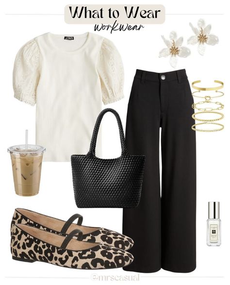 Classic Summer Work Outfits, Black And White Spring Outfits, Summer Outfits Office Casual, Animal Print Flats Outfit, Casual Work Outfits Summer Office Wear, Mary Jane Shoes Outfit Jeans, Leopard Shoes Outfit, Alys Fowler, Black Pants Outfit