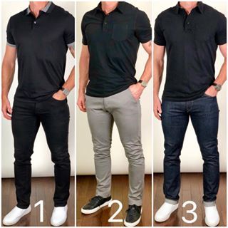 Which way would you wear it❓1, 2, or 3❓🤔 A black polo and 1) black jeans, 2) gray chinos, or 3) dark blue jeans❓ Let me know what you think❗️🗣👂🏼 All sneakers from @greatsbrand Black polo 1 from @bananarepublicmens Black polo 2 & 3 from @jachsny Outfit Hombres, Business Casual Outfits For Men, Best Business Casual Outfits, Guy Fashion, Mens Business Casual Outfits, Casual Dressing, Formal Men Outfit, Mens Casual Outfits Summer, Outfits Hombre