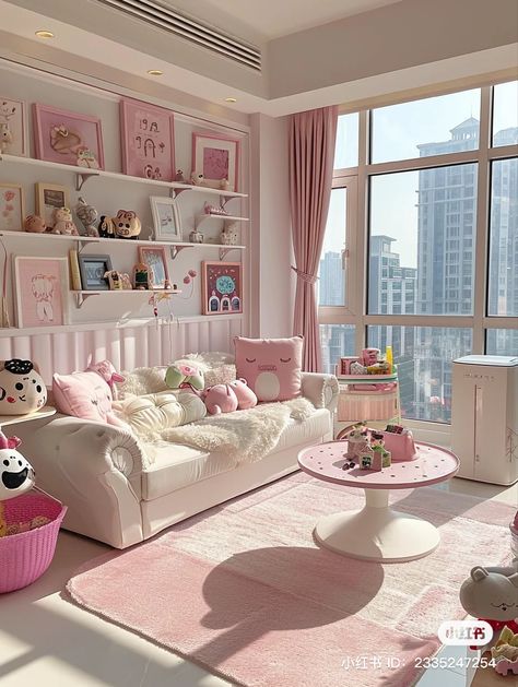 Cute Pink Couch, Cute Sitting Room, Kawaii Apartment Ideas, Cute Pink Living Room Aesthetic, Pink Kawaii Living Room, Pink Houses Interior, Pink House Design, Cute Pink House Aesthetic, Aethetic Houses Interior