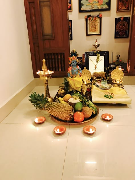 Vishu Aesthetic Images, Krishna Temple Snap, Vishu Decoration Ideas, Vishukani Images, Vishu Kani Photography, Vishu Aesthetic, Vishu Kani Decoration Ideas, Vishu Kani Images, Onam Decor