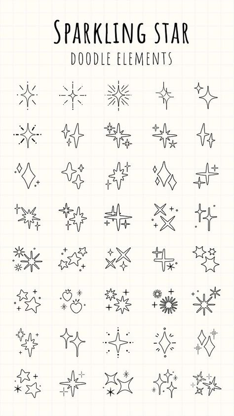 Collection of sparkling star doodles. Star doodles in various shapes. Sparkling elements for creative designs. Star doodles perfect for decoration. Element vector set. | premium image by rawpixel.com / Hein Cute Drawing Decorations, Star Shapes Design, Journaling Aesthetic Doodles, Doodle Banners How To Draw, Doodle Eyes Cute, Background Design Drawing Doodles, Simple Doodles For Journal, Doodles Designs Ideas, Journal Frames Doodle Borders