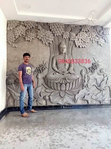 Buddha Wall Painting Ideas, Cement Wall Mural Art, Buddha Sculpture On Wall, Buddha Wall Design, Buddha Wall Decor Living Room, Buddha Murals Wall Art, Relief Painting Designs, Mural Wall Art Creative, Buddha Wall Decor Interior Design