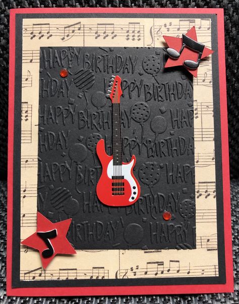 This birthday card was made for a friend in Germany.  He plays guitar in a band. Guitar Birthday Cards Handmade, Guitar Birthday Card, Guitar Cards, Music Birthday Card, Birthday Illustrations, Piano Card, Cards Diy Easy, Music Cards, Musical Cards