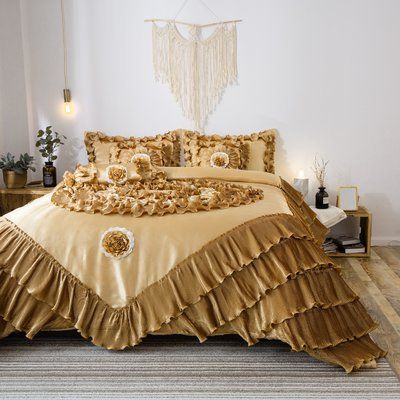 Astoria Grand Tatro Latte Ruffle Luxury Comforter Set Size: King Comforter + 5 Additional Pieces Peacock Room Decor, Redoing Room, Gold Comforter Set, Nightstand And Dresser, Beds For Boys, Luxury Home Ideas, Ruffle Comforter, Gold Comforter, Peacock Room