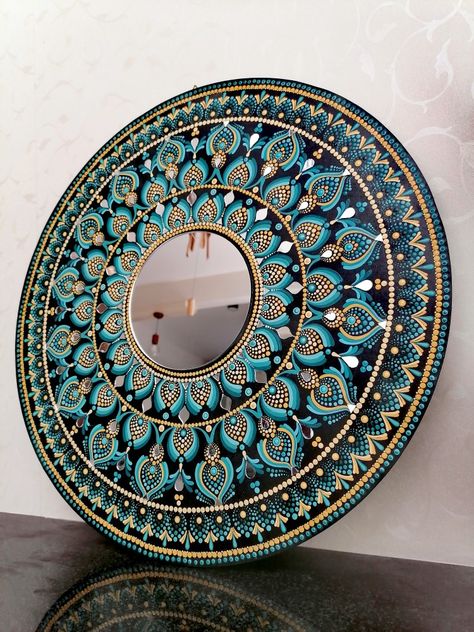 20inch real blue and yellow-dot mandala mirror artwork Blue Dot Mandala, Dot Mandala With Mirror, Mandala Dot Patterns, Mandala Mirror Art, Mirror Mandala Art, Diy Mirrors, Mandala Mirror, Mandala Canvas, Stone Art Painting