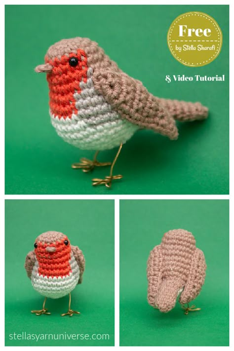 Robin Bird Amigurumi Free Crochet Pattern and Video Tutorial Crocheted Birds, Crochet Nature, Crochet Robin, Bird Amigurumi, Crochet Bird Patterns, Crocheted Animals, Animal Knitting Patterns, Crochet Birds, Pola Amigurumi