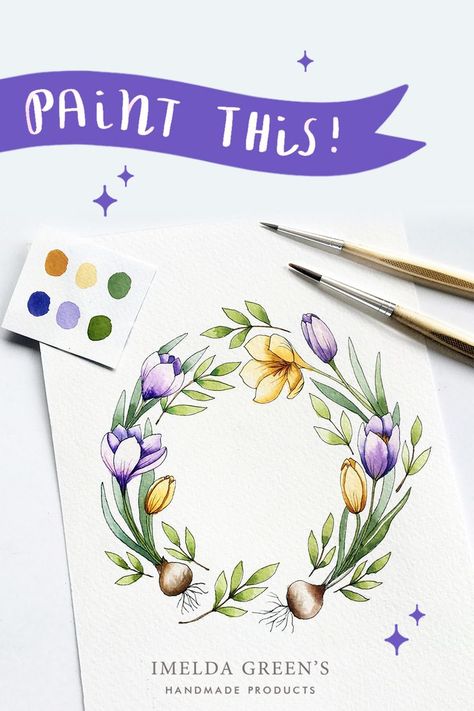 Learn to paint crocus flower wreath in watercolor. This tutorial includes a downloadable coloring page and a video timelapse Watercolor Flower Wreath, Printable Colouring, Spring Watercolor, Crocus Flower, Floral Wreath Watercolor, Watercolor Tutorial, Learn Watercolor, Colouring Page, Watercolor Flower Art