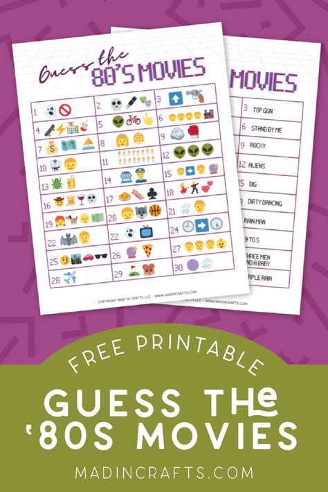 GUESS THE 80S MOVIE BY THE EMOJI - PRINTABLE GAME Crafts Mad in Crafts 80 Games, Music Bingo, Decades Party, 80s Birthday Parties, Game Crafts, Free Bingo Cards, 80s Birthday, 80's Theme, Bingo Template