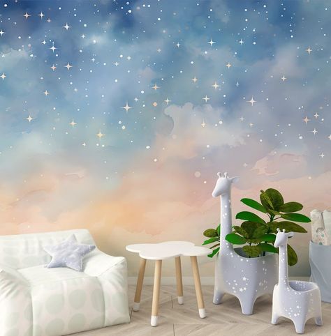 Room Clouds, Stick Stars, Sky Mural, Sky Gradient, Stars Watercolor, Night Nursery, Sky Nursery, Ombre Wallpaper, Cloud Wall Decal