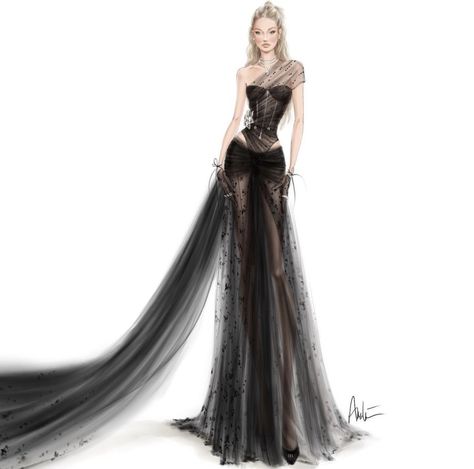 Gigi Hadid Gown, Gigi Hadid Illustration, Evening Wear Illustration, Versace Dress Gowns, Gigi Hadid 2023, Black Dress Illustration, Lucia Mendez, Fashion Sketchbook Inspiration, 2023 Love