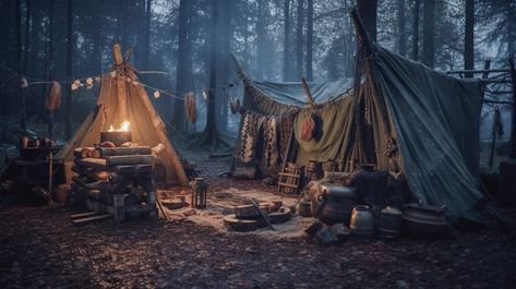 Apocalypse Camp Aesthetic, Fantasy Camp Aesthetic, Medieval Camp Aesthetic, Medieval Backdrop, Medieval Tent, Medieval Camp, Medieval Camping, Viking Tent, Forest Camp