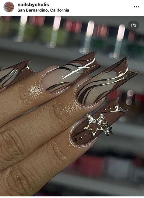 Silver And Brown Nails, Brown And Gold Nail Art, Brown Grunge Nails, Brown And Silver Nails, Brown Nails With Gems, Dark Brown Nails Designs, Brown French Tip, Brown French, Gold Nail Art