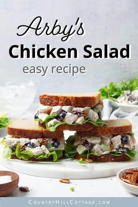 This homemade copycat Arby's chicken salad recipe makes the most amazing sandwich ever! Full of delicious chicken, crispy veggies, and juicy fruits, the creamy salad is perfect for lunch or a light dinner. Not only is the salad delicious, but my favorite part is that it's really effortless to make. You'll only need a handful of simple ingredients and cooking is at a minimum. It's the perfect throw-together meal, and your family will love this pecan chicken sandwich. | CountryHillCottage.com Arby's Chicken Salad Recipe, Arbys Chicken Salad, Chicken Salad Chick Recipe, Crispy Veggies, Creamy Salad, Chicken Salad Sandwich Recipe, Pecan Chicken Salads, Chicken Salad Recipe Easy, Chicken Crispy