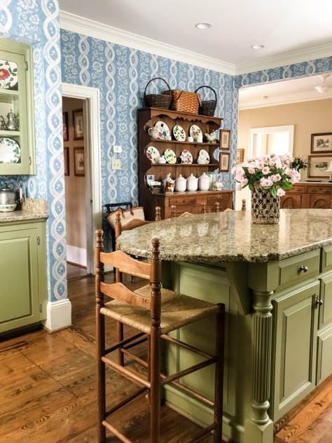 Feature Friday: Adorned Southern Home - Southern Hospitality Sage Green Cabinets, Blue And White Wallpaper, Southern Cottage, Classic Dining Room, Blue Ceilings, Southern Traditional, Happy September, Colonial Style Homes, Walk Down Memory Lane