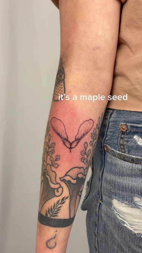 Filler Tattoo Ideas Gap Fine Line, Thrift Tattoo Ideas, Farmers Market Tattoo, Maple Tree Seed Tattoo, Small Fill In Tattoos For Sleeve, Flower Plant Tattoo, One With Nature Tattoo, Powerful Women Tattoos Design, Environmental Tattoo