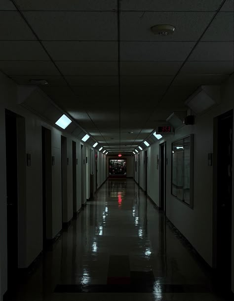 Csun halls, creepy and quite Hospital Creepy Aesthetic, Creepy School Hallway, Creepy Hallway Drawing, Creepy Laboratory Aesthetic, Creepy School Aesthetic, Creepy Laboratory, Dark Hospital, Institute Aesthetic, Creepy Hallway