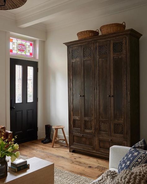 Black Wainscoting, Modern Foyer, Vintage Armoire, Small Foyer, Ford Interior, Console Table Styling, White Shiplap Wall, Entryway Lighting, White Shiplap