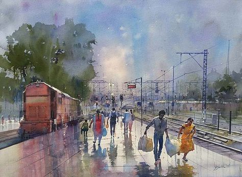 The Ticket Examiner Who Paints Beautiful Images Of The Indian Railways - Bijay Biswaal Indian Images, Art Mini Toile, Composition Drawing, Composition Painting, Street Painting, Italian Landscape, Watercolor Landscape Paintings, Indian Paintings, Indian Art Paintings